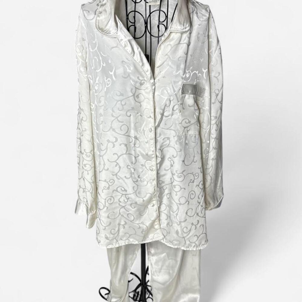 Jaclyn Smith Women's 3X Satin Pajama Set Ivory Jacquard Long Sleeve Vintage
